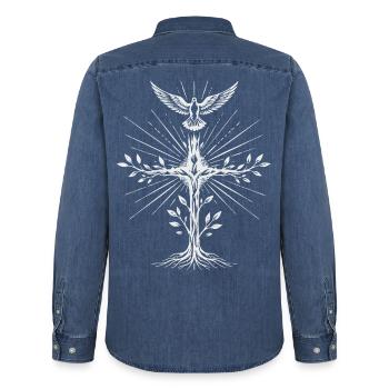 Heilig-Geist-Taubenkreuz - Männer Jeanshemd Organic von Stanley/Stella - verwaschenes Mittelblau  - Hinten - AI Model Male 185 light (185cm)