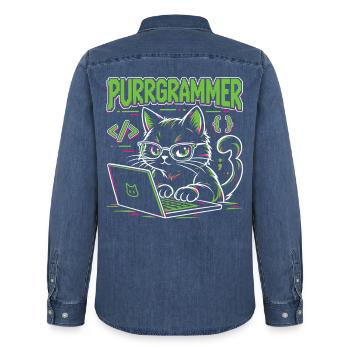 Purrgrammer – Programmierer Katze Coding Humor - Männer Jeanshemd Organic von Stanley/Stella - verwaschenes Mittelblau  - Hinten - AI Model Male 185 light (185cm)