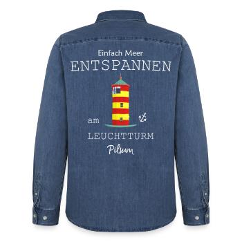 Leuchtturm Pilsum, Meer Entspannen, Nordsee - Männer Jeanshemd Organic von Stanley/Stella - verwaschenes Mittelblau  - Hinten - AI Model Male 185 light (185cm)