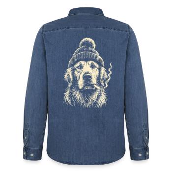 Vintage Smoking Golden Retriever Beanie Dog Meme  - Männer Jeanshemd Organic von Stanley/Stella - verwaschenes Mittelblau  - Hinten - AI Model Male 185 light (185cm)
