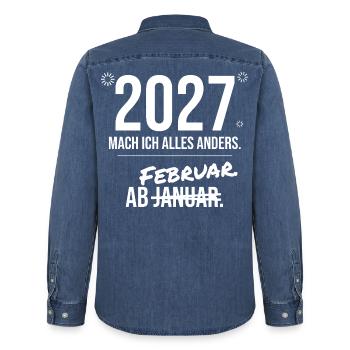 2027 mach ich alles anders - Silvester Lustig - Männer Jeanshemd Organic von Stanley/Stella - verwaschenes Mittelblau  - Hinten - AI Model Male 185 light (185cm)