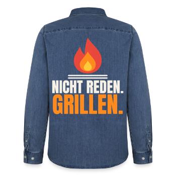 Nicht reden. Grillen. – Grillmeister Spruch - Männer Jeanshemd Organic von Stanley/Stella - verwaschenes Mittelblau  - Hinten - AI Model Male 185 light (185cm)