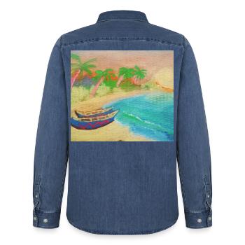 Insellandschaftsstrand und heißer Sand - Männer Jeanshemd Organic von Stanley/Stella - verwaschenes Mittelblau  - Hinten - AI Model Male 185 light (185cm)