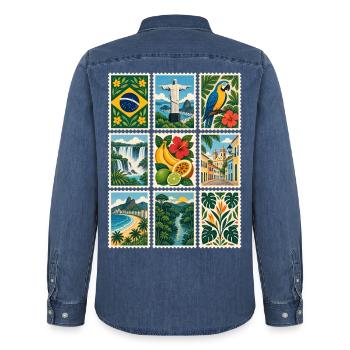 Brasilien Briefmarken - Männer Jeanshemd Organic von Stanley/Stella - verwaschenes Mittelblau  - Hinten - AI Model Male 185 light (185cm)
