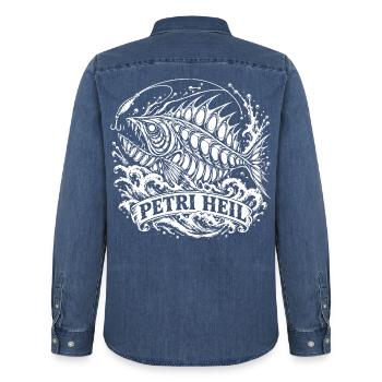 Petri Heil. Monsterfisch aus der Tiefsee. - Männer Jeanshemd Organic von Stanley/Stella - verwaschenes Mittelblau  - Hinten - AI Model Male 185 light (185cm)