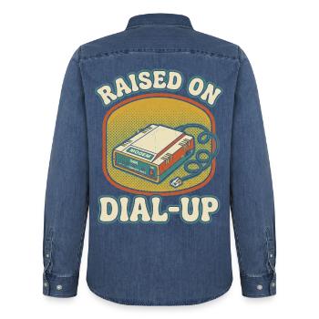 Aufgewachsen mit dem Einwahl-Retro-Modem aus den 90ern - Männer Jeanshemd Organic von Stanley/Stella - verwaschenes Mittelblau  - Hinten - AI Model Male 185 light (185cm)