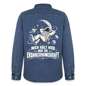 Lustiger Astronomie Spruch - Erdanziehungskraft - Männer Jeanshemd Organic von Stanley/Stella - verwaschenes Mittelblau  - Hinten - AI Model Male 185 light (185cm)