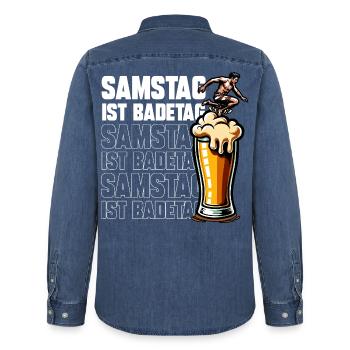 Samstag ist Badetag Surf & Bier - Männer Jeanshemd Organic von Stanley/Stella - verwaschenes Mittelblau  - Hinten - AI Model Male 185 light (185cm)