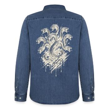 Hydra-Schlangenköpfe Creme-Tinte Mythologie Kunst - Männer Jeanshemd Organic von Stanley/Stella - verwaschenes Mittelblau  - Hinten - AI Model Male 185 light (185cm)