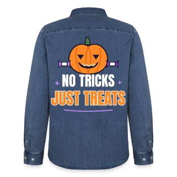 No Tricks Just Treats Cute Pumpkin Funny Halloween - Männer Jeanshemd Organic von Stanley/Stella - verwaschenes Mittelblau  - Hinten - AI Model Male 185 light (185cm)