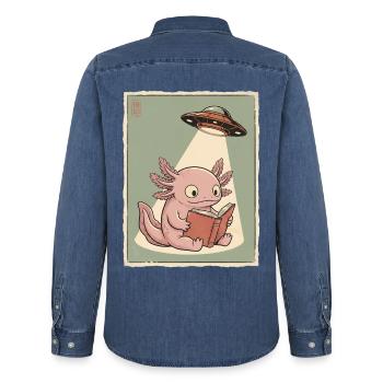 Vintage Japanese Axolotl Buchliebhaber UFO Alien - Männer Jeanshemd Organic von Stanley/Stella - verwaschenes Mittelblau  - Hinten - AI Model Male 185 light (185cm)