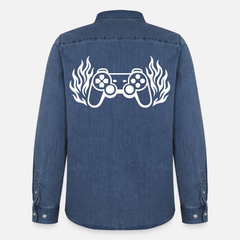 Flames controller, burning gamepad graphics - Men’s Organic Denim Shirt by Stanley/Stella - mid washy 