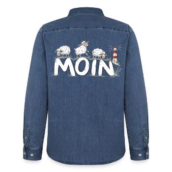 Moin Schafe Leuchtturm Nordsee Küstenhumor - Männer Jeanshemd Organic von Stanley/Stella - verwaschenes Mittelblau  - Hinten - AI Model Male 185 light (185cm)