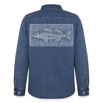 Traits – Noble Angler & Fischer Design - Chemise en denim homme bio Stanley/Stella - bleu moyen délavé  - Dos - AI Model Male 185 light (185cm)