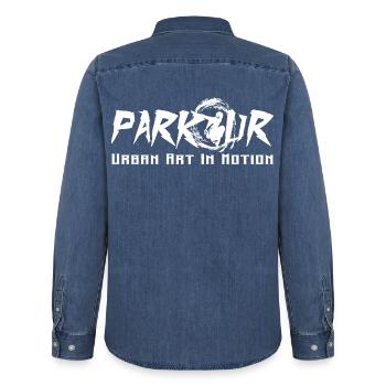 Parkour - Männer Jeanshemd Organic von Stanley/Stella - verwaschenes Mittelblau  - Hinten - AI Model Male 185 light (185cm)