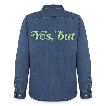 Yes, but – Minimalistisches Statement - Chemise en denim homme bio Stanley/Stella - bleu moyen délavé  - Dos - AI Model Male 185 light (185cm)