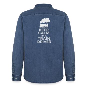 Keep Calm I'm a Train Driver T-Shirt Design - Men’s Organic Denim Shirt by Stanley/Stella - mid washy  - Back - AI Model Male 185 light (185cm)