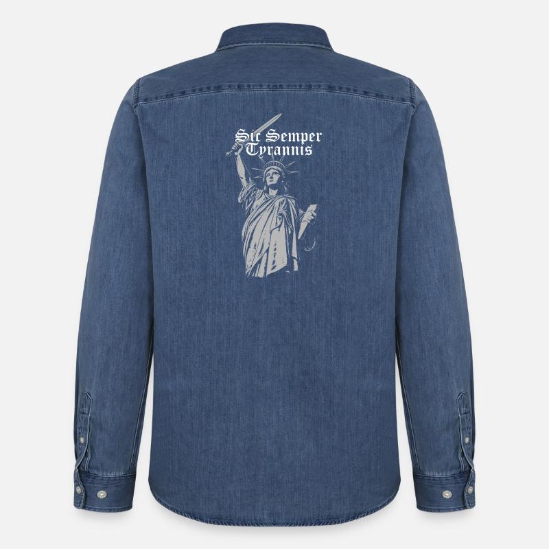 Sic Semper Tyrannis, Freiheitsstatue mit Schwert - Männer Jeanshemd Organic von Stanley/Stella - verwaschenes Mittelblau 