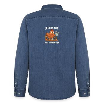Poule Jardinage Je Peux Pas - Chemise en denim homme bio Stanley/Stella - bleu moyen délavé  - Dos - AI Model Male 185 light (185cm)