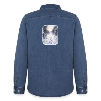 Winter Forest Path Morgenschein - Men’s Organic Denim Shirt by Stanley/Stella - mid washy  - Back - AI Model Male 185 light (185cm)