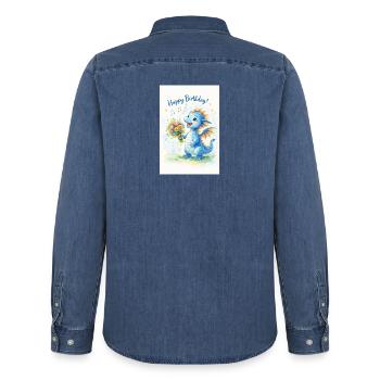 Blauer Drache mit Blumenstrauß - Männer Jeanshemd Organic von Stanley/Stella - verwaschenes Mittelblau  - Hinten - AI Model Male 185 light (185cm)