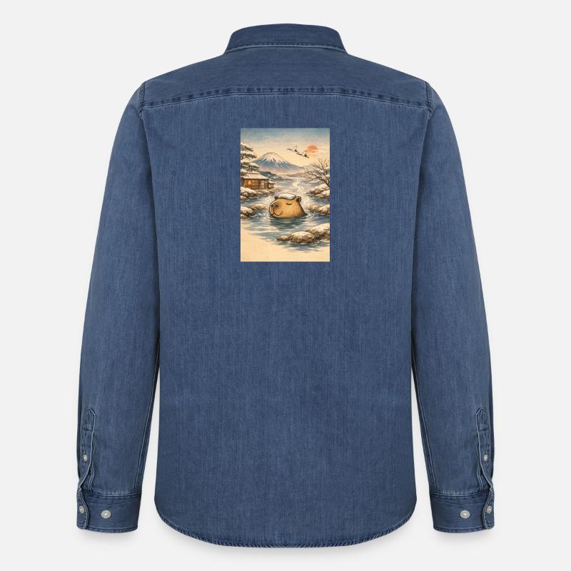 Onsen Capybara im Winterwald - Männer Jeanshemd Organic von Stanley/Stella - verwaschenes Mittelblau 