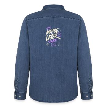 Maybe Later – No Rush No Stress No Problem - Men’s Organic Denim Shirt by Stanley/Stella - mid washy  - Back - AI Model Male 185 light (185cm)