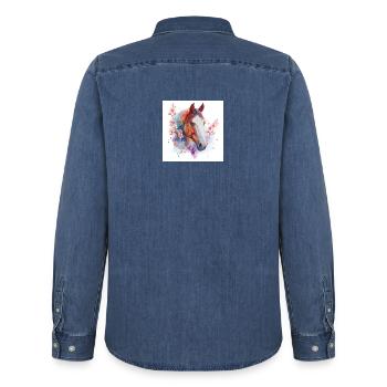 Aquarell Pferd und Blüten - Männer Jeanshemd Organic von Stanley/Stella - verwaschenes Mittelblau  - Hinten - AI Model Male 185 light (185cm)
