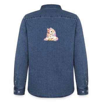 Mom unicorn cuddling with her baby - Men’s Organic Denim Shirt by Stanley/Stella - mid washy  - Back - AI Model Male 185 light (185cm)