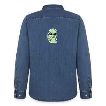Alien with Sunglasses Blowjob Groove - Men’s Organic Denim Shirt by Stanley/Stella - mid washy  - Back - AI Model Male 185 light (185cm)