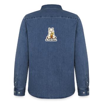 No Prob Llama Drink Illustration - Men’s Organic Denim Shirt by Stanley/Stella - mid washy  - Back - AI Model Male 185 light (185cm)