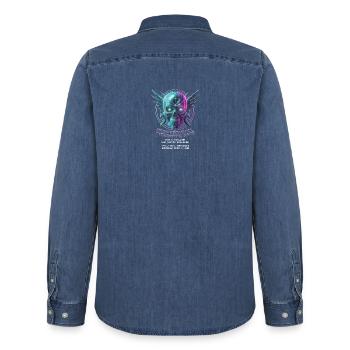 Totenkopf Neon, Synthwave, Cyberpunk, Halloween - Männer Jeanshemd Organic von Stanley/Stella - verwaschenes Mittelblau  - Hinten - AI Model Male 185 light (185cm)
