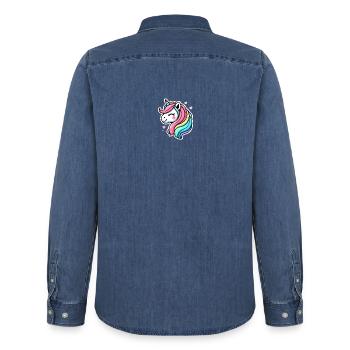Unicorn Comic Rainbow Hearts - Men’s Organic Denim Shirt by Stanley/Stella - mid washy  - Back - AI Model Male 185 light (185cm)