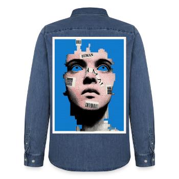 HUMAN - verloren in der digitalen Welt - Männer Jeanshemd Organic von Stanley/Stella - verwaschenes Mittelblau  - Hinten - AI Model Male 185 light (185cm)