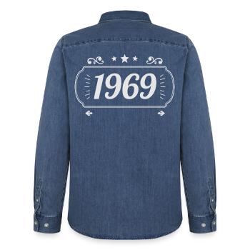 Vintage 1969 Retro Anniversary 1969 - Men’s Organic Denim Shirt by Stanley/Stella - mid washy  - Back - AI Model Male 185 light (185cm)