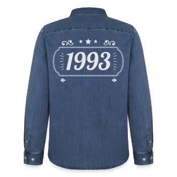 Vintage 1993 Retro Anniversary 1993 - Men’s Organic Denim Shirt by Stanley/Stella - mid washy  - Back - AI Model Male 185 light (185cm)