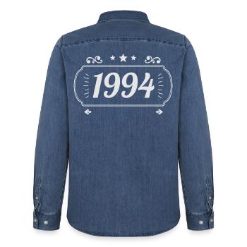 Vintage 1994 Retro Anniversary 1994 - Men’s Organic Denim Shirt by Stanley/Stella - mid washy  - Back - AI Model Male 185 light (185cm)