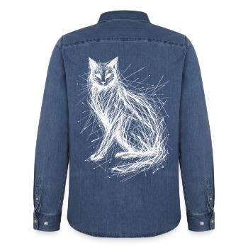Abstract Cat Portrait with Wildcut Lines - Men’s Organic Denim Shirt by Stanley/Stella - mid washy  - Back - AI Model Male 185 light (185cm)