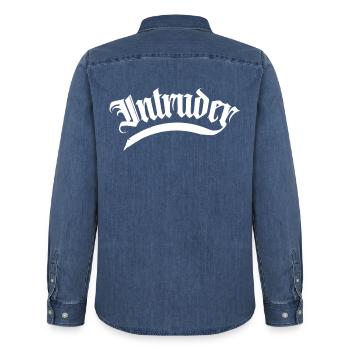 intrus hacker intrus clan sticker ordinateur - Chemise en denim homme bio Stanley/Stella - bleu moyen délavé  - Dos - AI Model Male 185 light (185cm)