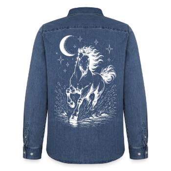 Himmlisches Pferd Mondsterne Dunkle ästhetische Linienzeichnung - Männer Jeanshemd Organic von Stanley/Stella - verwaschenes Mittelblau  - Hinten - AI Model Male 185 light (185cm)