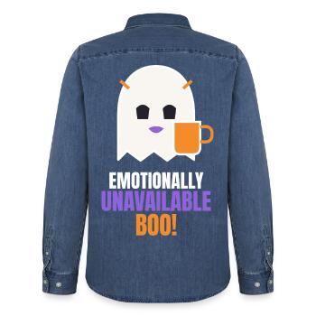 Emotionally Unavailable Boo Funny Ghost - Männer Jeanshemd Organic von Stanley/Stella - verwaschenes Mittelblau  - Hinten - AI Model Male 185 light (185cm)
