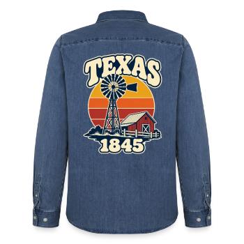 Texas Vintage Windmühle & Bauernhof 1845 - Männer Jeanshemd Organic von Stanley/Stella - verwaschenes Mittelblau  - Hinten - AI Model Male 185 light (185cm)