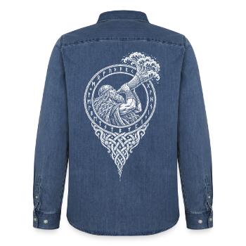 Thor trinkt das Meer – Das Horn reicht in die See - Männer Jeanshemd Organic von Stanley/Stella - verwaschenes Mittelblau  - Hinten - AI Model Male 185 light (185cm)