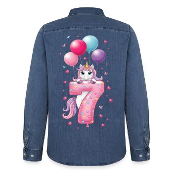7 Jahre Mädchen Süßes Einhorn 7. Geburtstag - Männer Jeanshemd Organic von Stanley/Stella - verwaschenes Mittelblau  - Hinten - AI Model Male 185 light (185cm)
