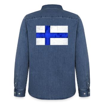 Drapeau de la Finlande - Chemise en denim homme bio Stanley/Stella - bleu moyen délavé  - Dos - AI Model Male 185 light (185cm)