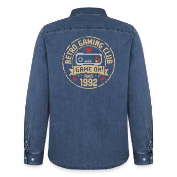 Vintage 1992 Birthday 1992 Gift 1992 - Men’s Organic Denim Shirt by Stanley/Stella - mid washy  - Back - AI Model Male 185 light (185cm)