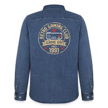 Vintage 1991 Birthday 1991 Gift 1991 - Men’s Organic Denim Shirt by Stanley/Stella - mid washy  - Back - AI Model Male 185 light (185cm)