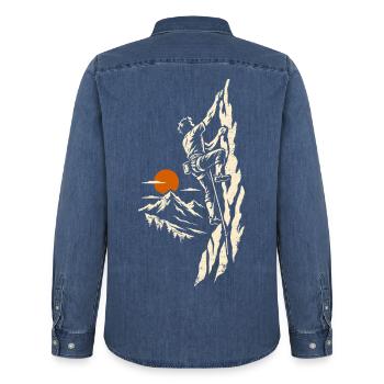 Klippenklettern – Klettern und Bergsteigen - Männer Jeanshemd Organic von Stanley/Stella - verwaschenes Mittelblau  - Hinten - AI Model Male 185 light (185cm)