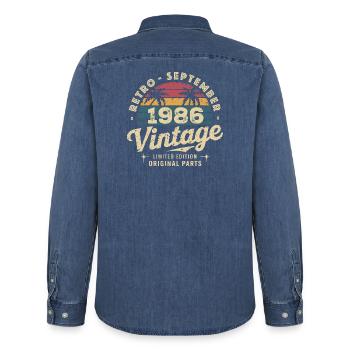 Vintage Septembre 1986 Édition Limitée Septembre - Chemise en denim homme bio Stanley/Stella - bleu moyen délavé  - Dos - AI Model Male 185 light (185cm)
