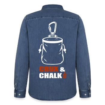 Crux & Chalk – Klettern - Männer Jeanshemd Organic von Stanley/Stella - verwaschenes Mittelblau  - Hinten - AI Model Male 185 light (185cm)